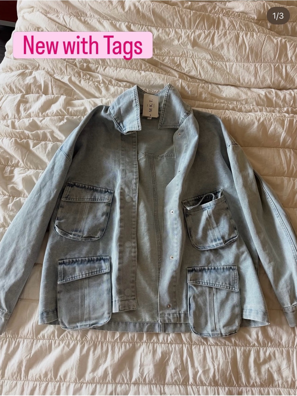 New with Tags MKT Light Wash Denim Jacket with Utility Pockets - Size M